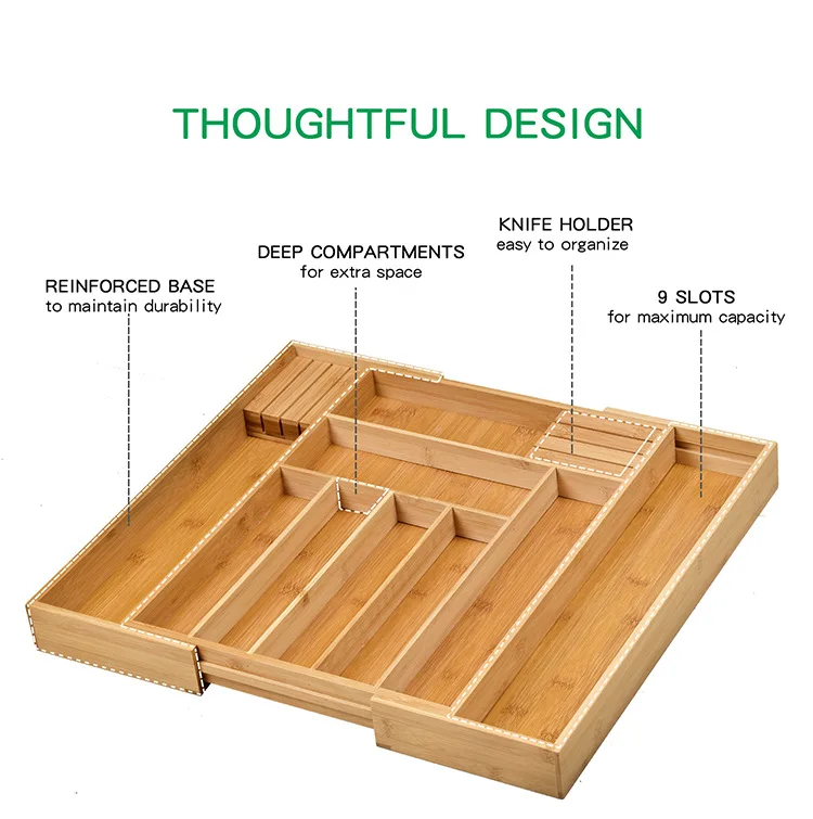 Bamboo Expandable Drawer Organizer, Premium Cutlery and Utensil Tray, 100% Pure Bamboo, Adjustable Kitchen Drawer Divider