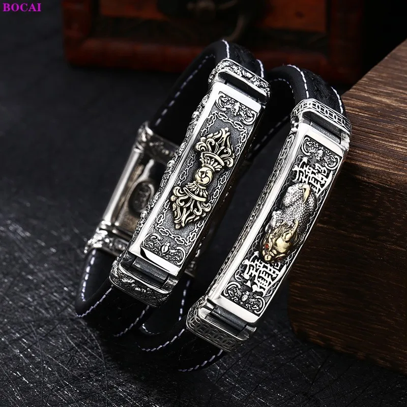 BOCAI S925 Sterling Silver Bracelets for Men New Fashion Leather Rope Buddhist Vajra Pestle Hand Chain Bangle Jewelry Wholesale