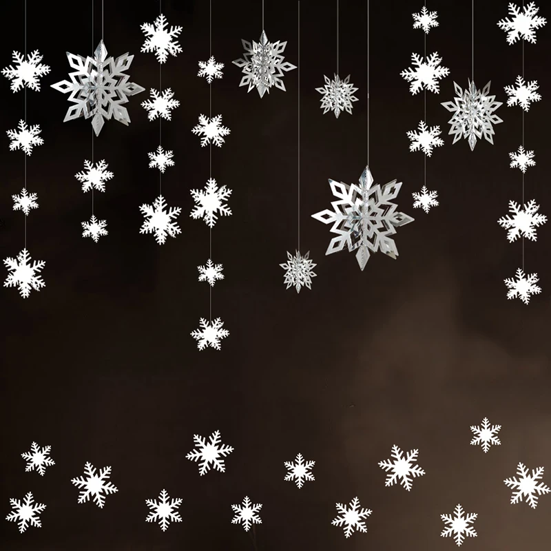

Merry Christmas Snowflake Decorations White Winter Wonderland Party Decor 3D Paper Silver Snowflake Hanging Garlands Banners