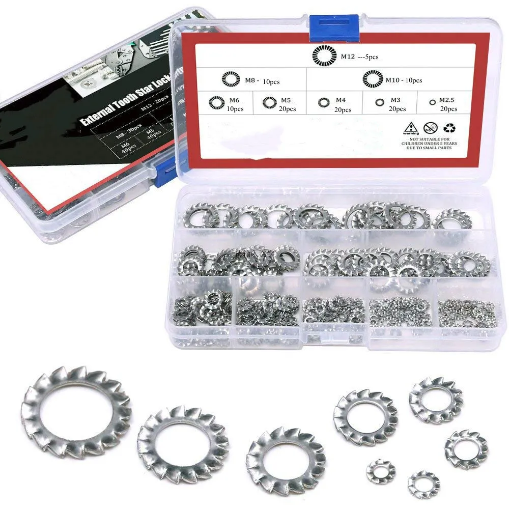 

304 Stainless Steel External Tooth Star Lock Washers Assortment Kit Included: M2.5 M3 M4 M5 M6 M8 M10 M12