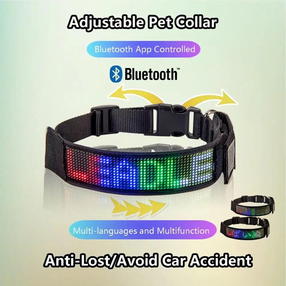 Collar de perro LED brillante, recargable por USB, impermeable, etiqueta de nombre, se ilumina, Collar de nailon, Mensaje de desplazamiento, señal