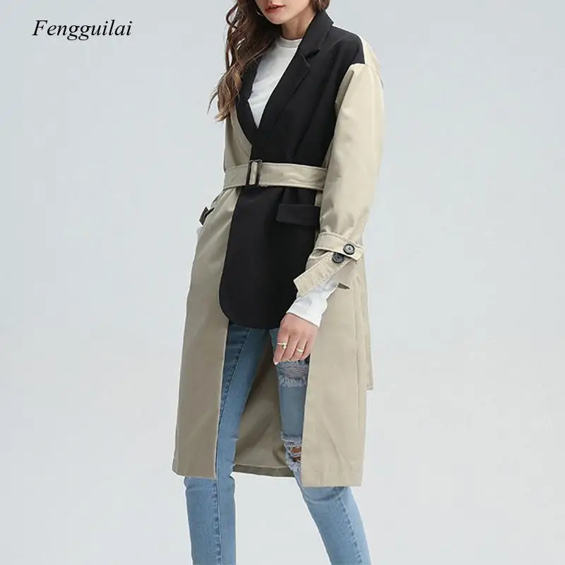 2021 Autumn Fashion New Design Suit Patchwork Hit Color Windbreaker for Women Loose Long Coat Overknee