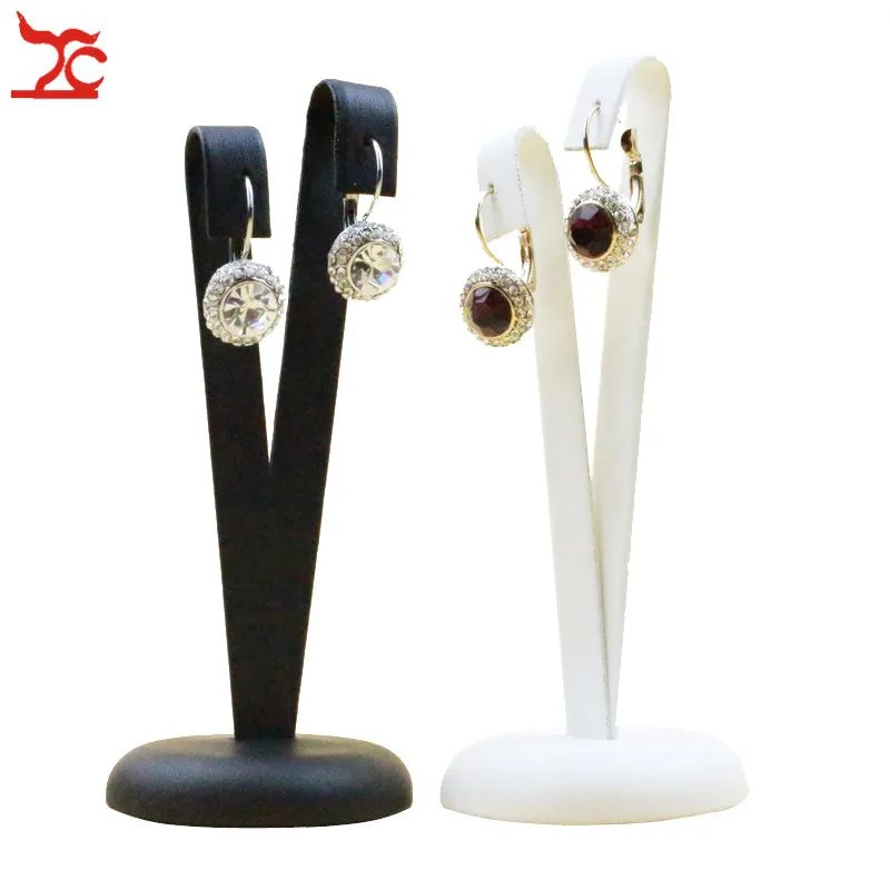 2PCS V Shape  Display Stand White /   Black PU Leather Earring Display Holder   Rack Jewelry Organizer Showcase jewelry stand