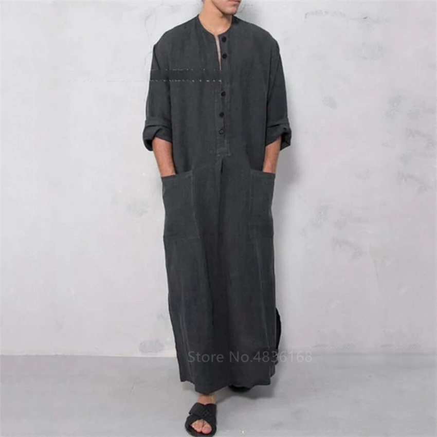 Muslim Fashion Clothing for Men Jubba Thobe Robe Arabic Dress Abaya Men Kafatan Islamic Clothing Round Neck Button Jubba Thobe