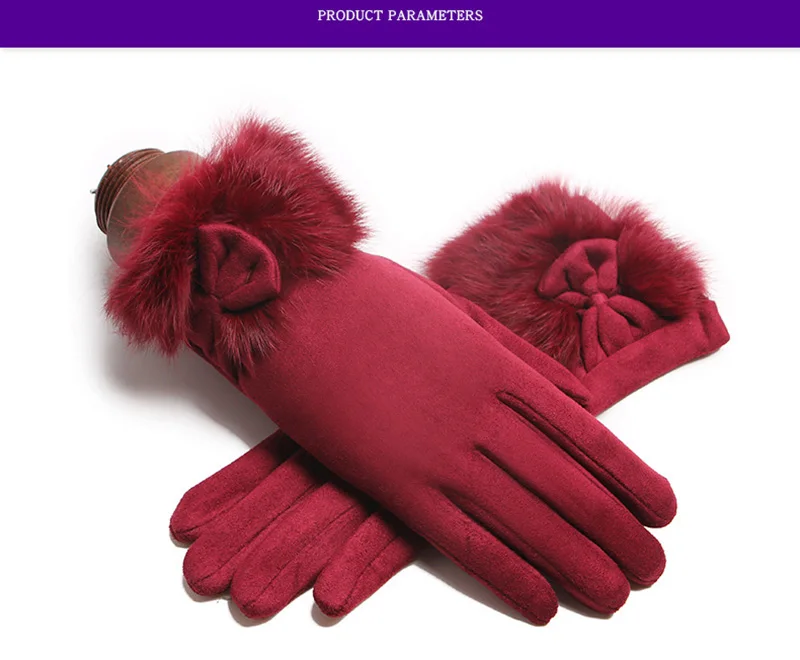 Winter Female Suede Leather Bow Plush Wrist Mitten Women Thick Plus Plush Windproof Warm Touch Screen Driving Gloves J22