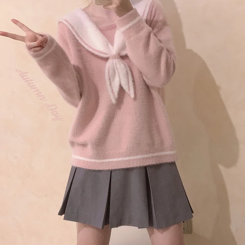 Winter College Plush Knitted Sweater Women Pink Kawaii Cashmere Jumper Girls Soft Warm Vintage Korean Fashion Female Pullover