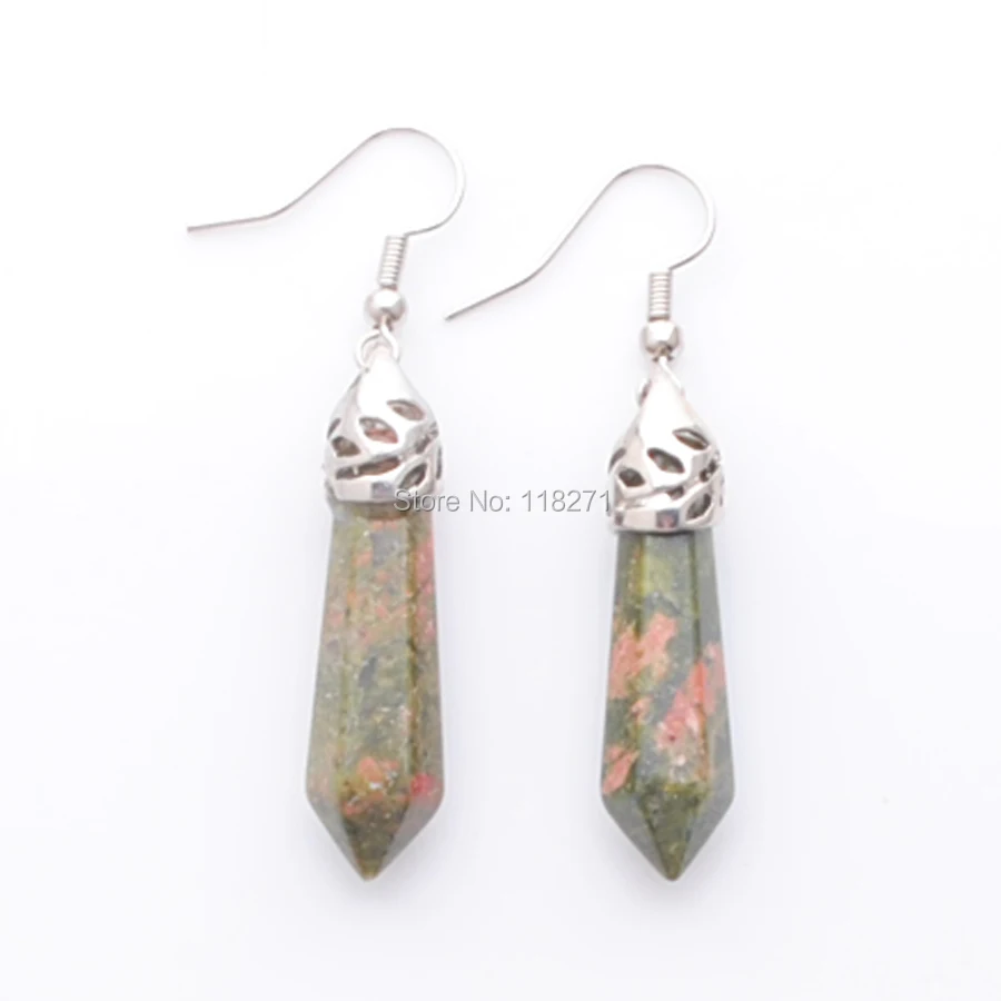 WOJIAER Hexagonal Prisms Dangle Earrings Unakite Jaspers Natural GemStone Pointed Reiki Chakra Trend Eardrop Jewelry R3070