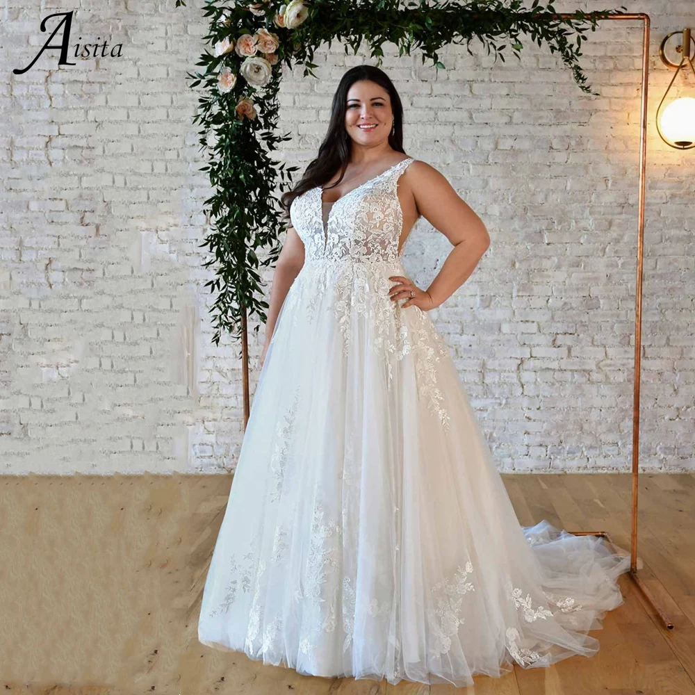 Plus Size Vintage A-line Wedding Dress Tank Sleeve V-neck Bride Dresses Lace Appliques Backless Bridal Gowns Vestido De Novia