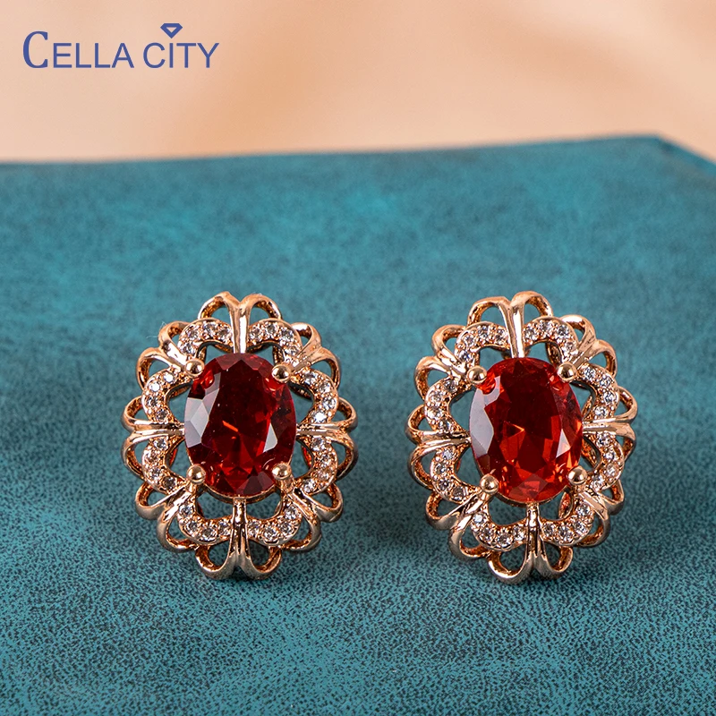 Cellacity Classic oval shape ruby gemstones women earring silver 925 jewelry rose gold color wedding party gift wholesale