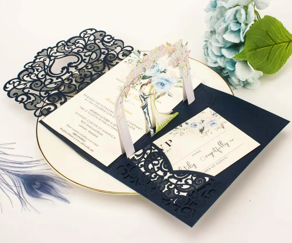 Free Shipping 1x 3D POP UP Card gold gray tri 3 Fold Pocket Wedding Invitation Card Laser cut Invite Greeting card with envelope