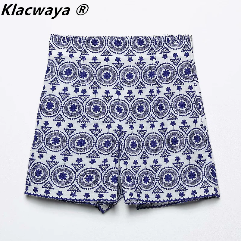 Klacwaya mulheres 2021 azul bordado cintura alta shorts moda lady boho estilo shorts vintage zíper lateral chique calças femininas