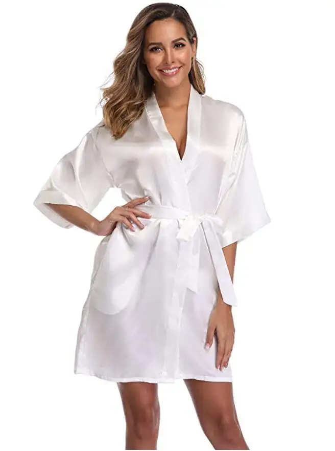 plain Satin Robes hot pink champagne silver Kimono bathrobe Women\'s Simplicity Pajamas Wedding Party robes short S-XXL