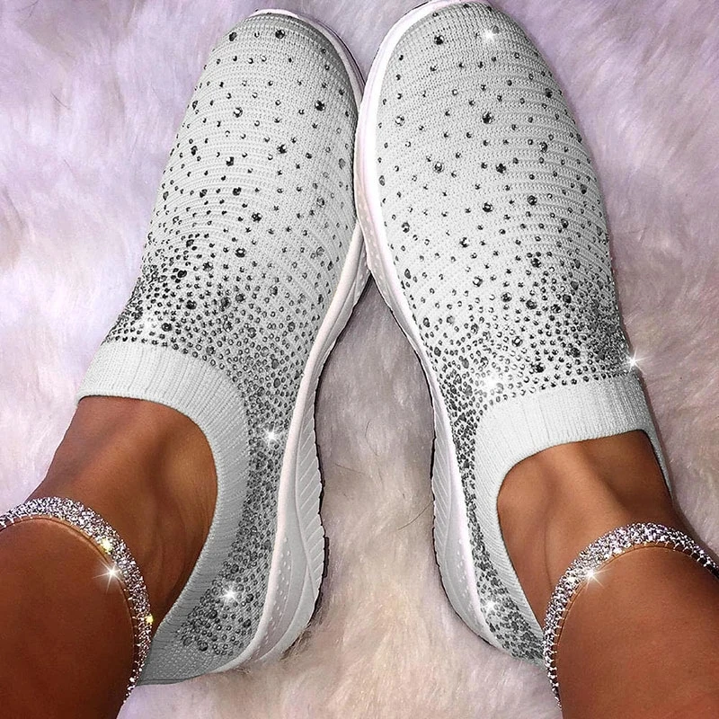 New Ladies Sneakers for Women Bling Crystal Fashion Shoes Casual Slip on Sock Trainers Woman Vulcanize Shoe Sport Mesh Flats