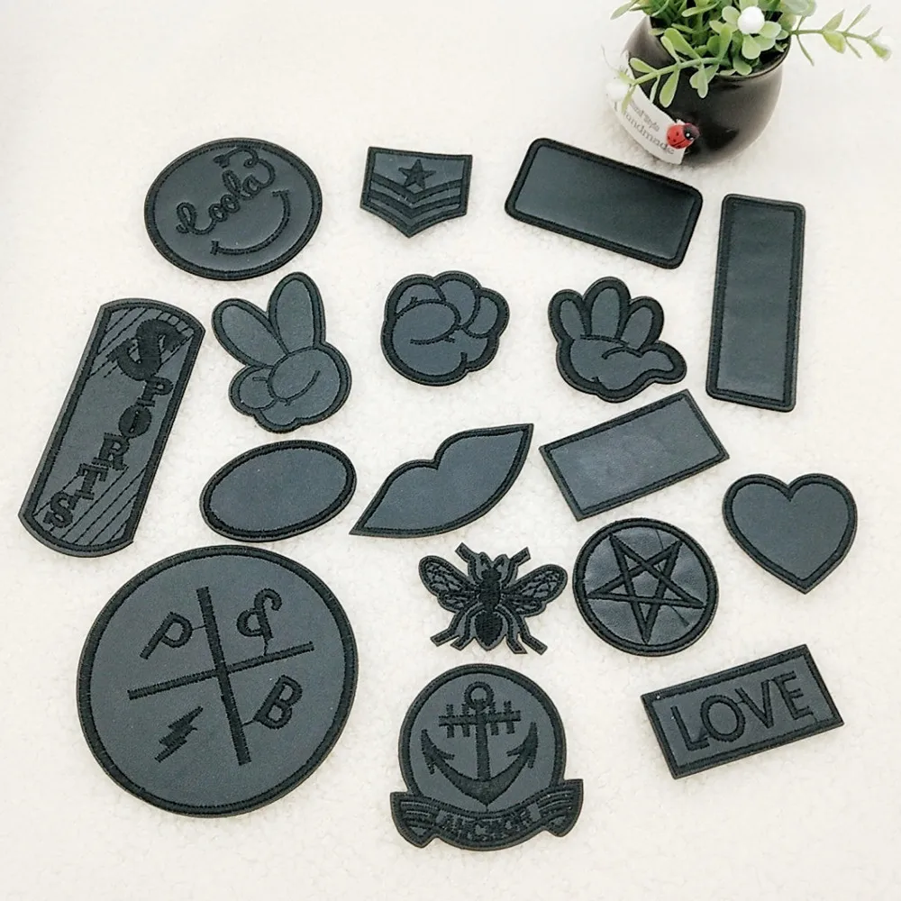 Self Adhesive Black PU Leather Embroidery Patches Heart Love Letter Round Sofa Down Jackets Repair Iron on Patch Stripe Sticker