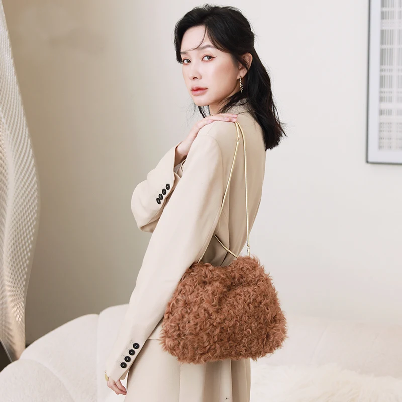 

2021 New Women's Fashion Tote Bag Luxury 100% Real Curly Lamb Wool Handbags Lucky Bags Single-shoulder Chain Bags Backpack 가방