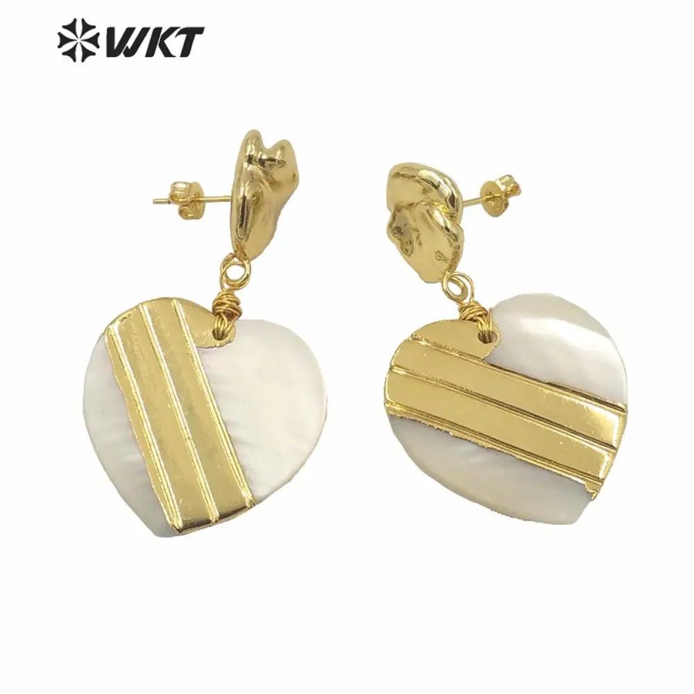 MPE043 Wholesale Fashion Natural White Shell Earrings With Gold Metal Plated Heart Shape Earrings Romantic Love Tokens