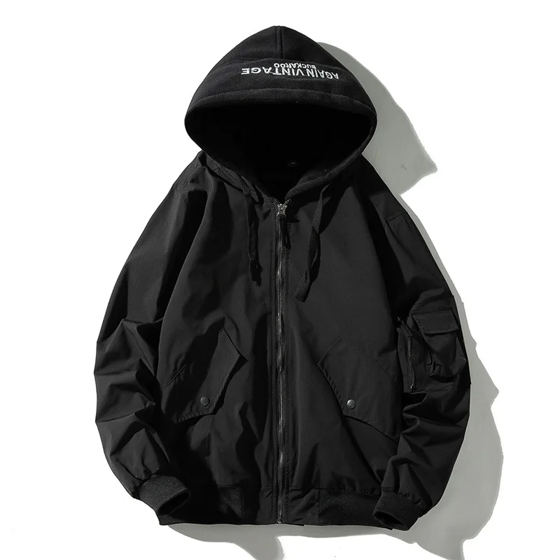 Mens Bomber Jackets Solid Man Retro Vintage Jacket Casual Baseball Jacket Japanese Harajuku Hooded Autumn Chaqueta Hombre 2019