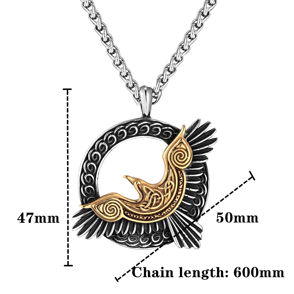 Gold Color Eagle Crow Necklace Men Viking Raven Amulet Stainless Steel Odin Rune Pendant Norse Mythology Jewelry Gift Never Fade