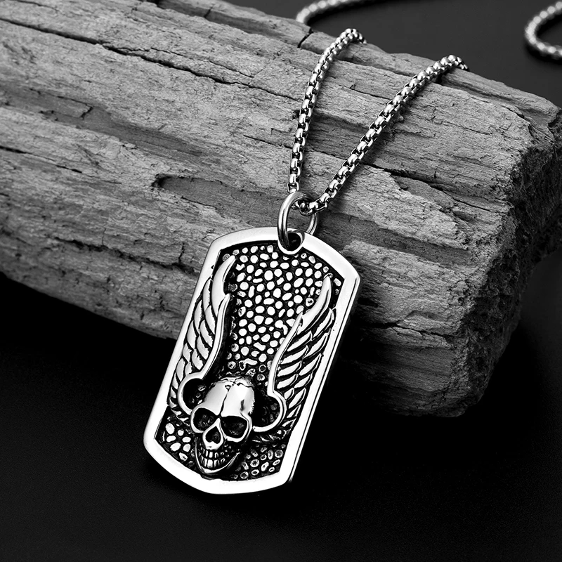 Colar de aço inoxidável do exército para homens e mulheres, Hip Hop, crânio, demônio, asa, pingente, retro, cruz, menino, cabeça fantasma, suéter, corrente, presente