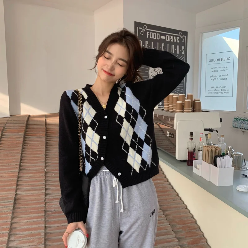 Irregular Argyle Cardigan Women Design Button Sexy Slim Cropped Sweaters Streetwear Retro All-match Knitted Chic Outwear Teens