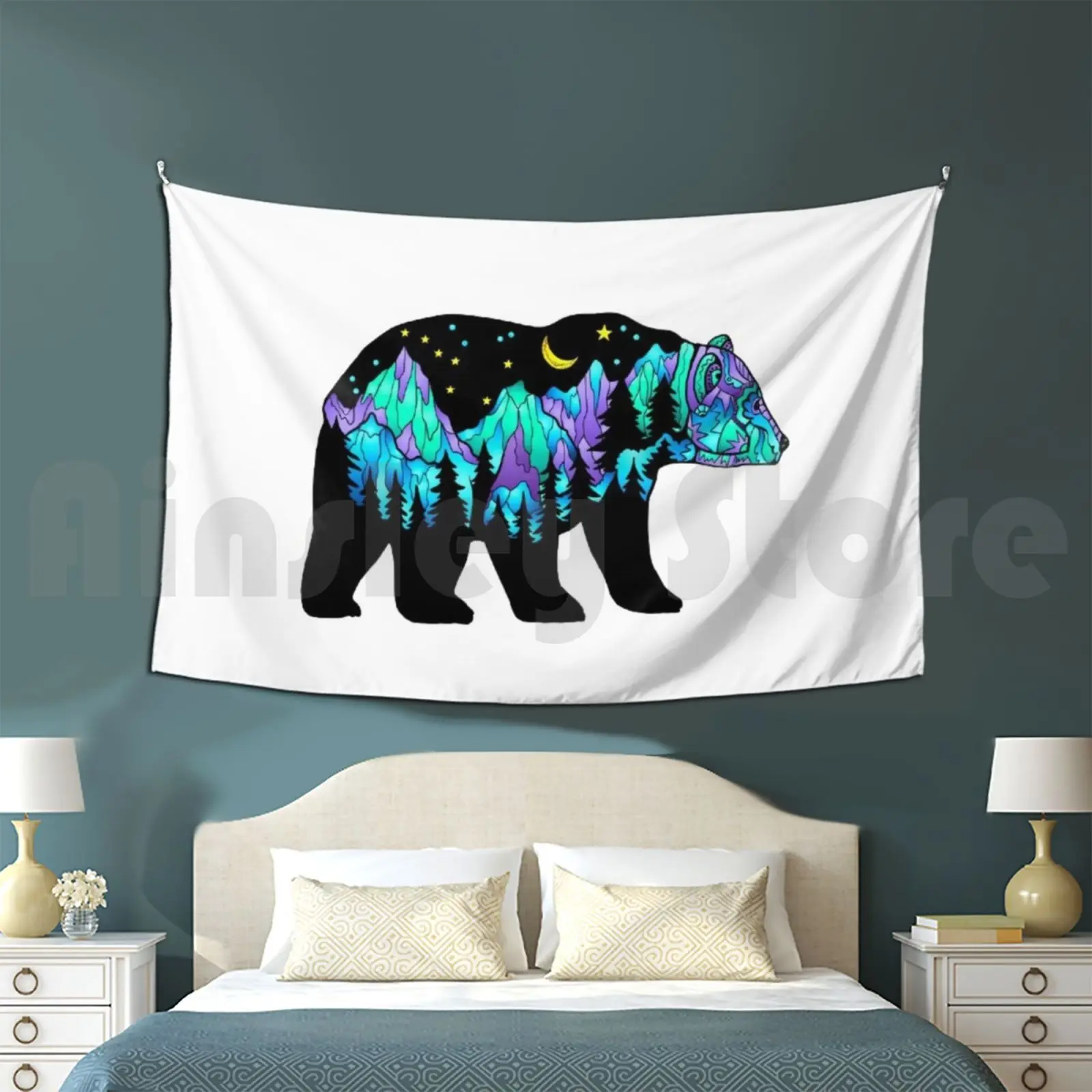 Bear Big Dipper Purple & Green Bear Tapestry Living Room Bedroom Big Bear Bear Mountain Bear Moon Bear Bear Art Beard Cub