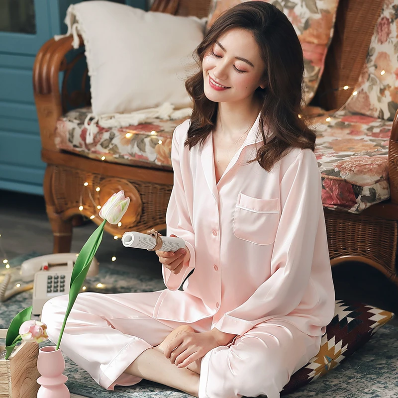 

Summer Satin Pajamas Women Pink Pyjama Mujer PJ Full Sleeve Sleepwear 2021 Ladies Homewear Imitation Silk Pijamas Femme Nuisette