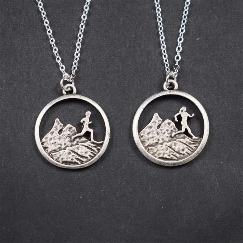 10pcs Boy & Girl Climbing Running In Zhe Mountain Pendant Necklace Outdoor Travel Jewelry