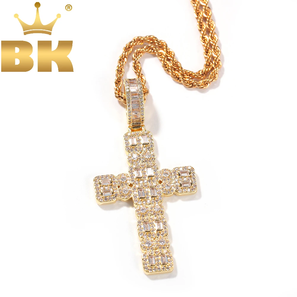 THE BLING KING Two Rows CZ Stone Paved Bling Iced Out Brass Cross Pendants Tennis Chain Necklace for Men Rapper Jewelry