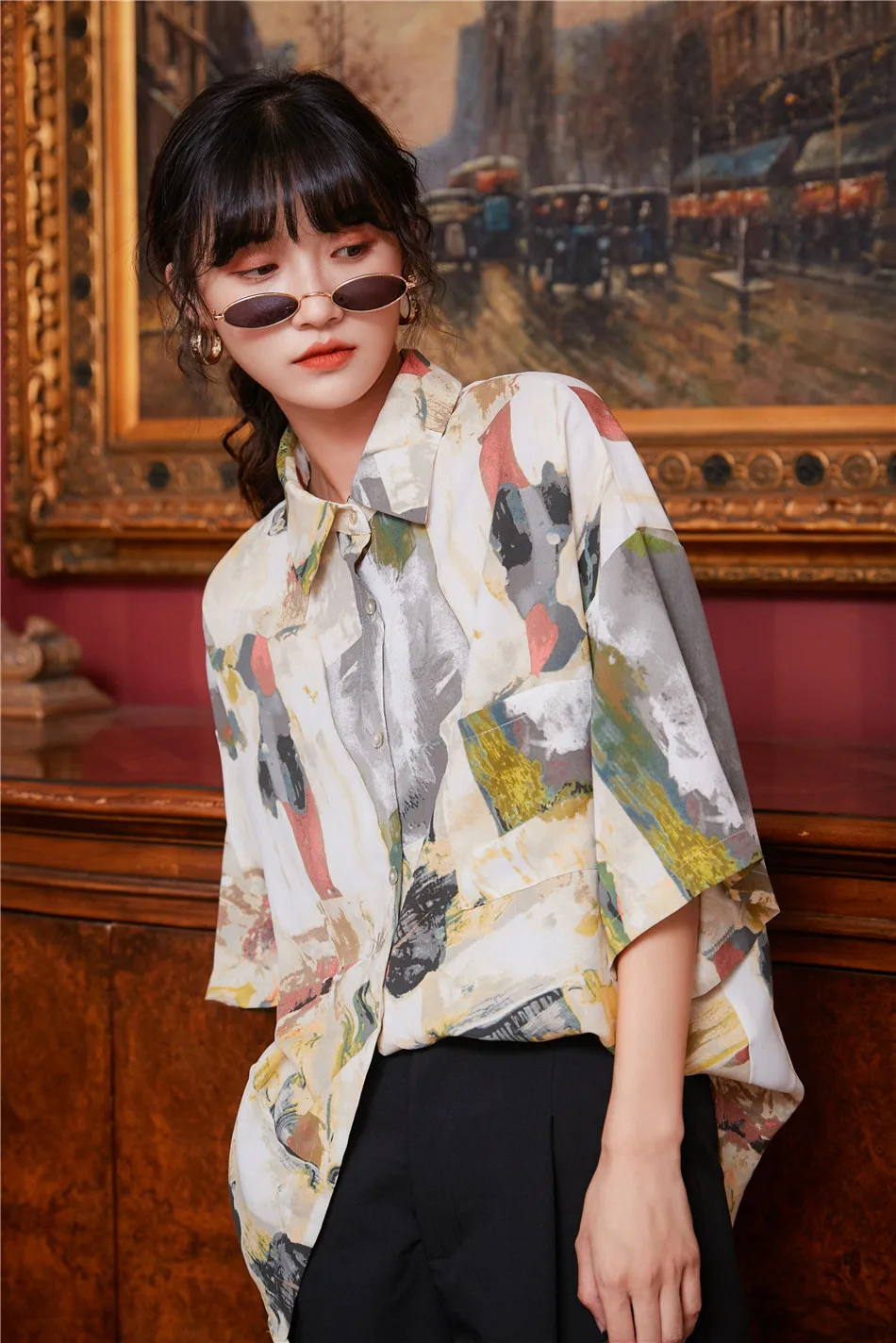 CHEERART Summer Short Sleeve Shirt Women Tops And Blouses Button Up Loose Korean Shirt Fashion Print Blouse 2020