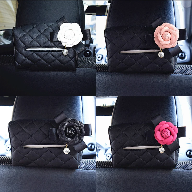 1 Pcs Pearl Camellia Flower Car Seat Back Hanging Tissue Box Holder Crystal PU Leather Paper Tower Organizer with Flower