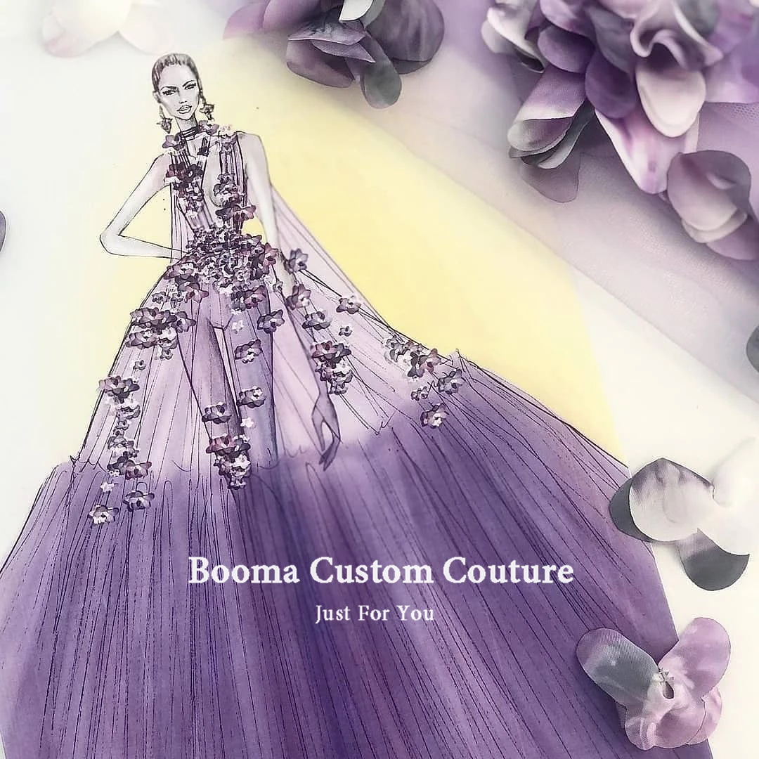 Booma Sexy Purple Tulle Avondjurken Diepe V-hals Bloemen See-Through Prom Dresses Lange Trein A-lijn Wedding Partij Jassen