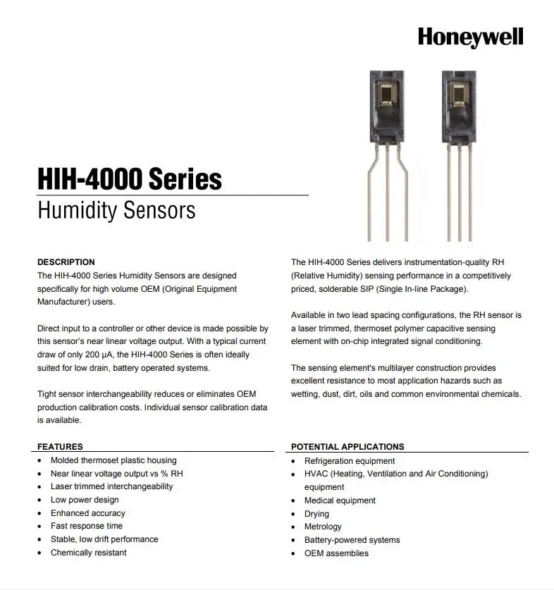 HONEYWELL Humidity sensor HIH-4000-003  Original SENS HUMIDITY 5V ANLG 3.5% 3-SIP