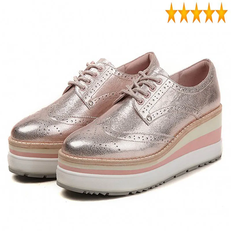 

Winter Platform Warm Women Round Toe Pink Height Increasing Casual Shoes British Lace Up Wing Tip Brogue Sapatos Feminino