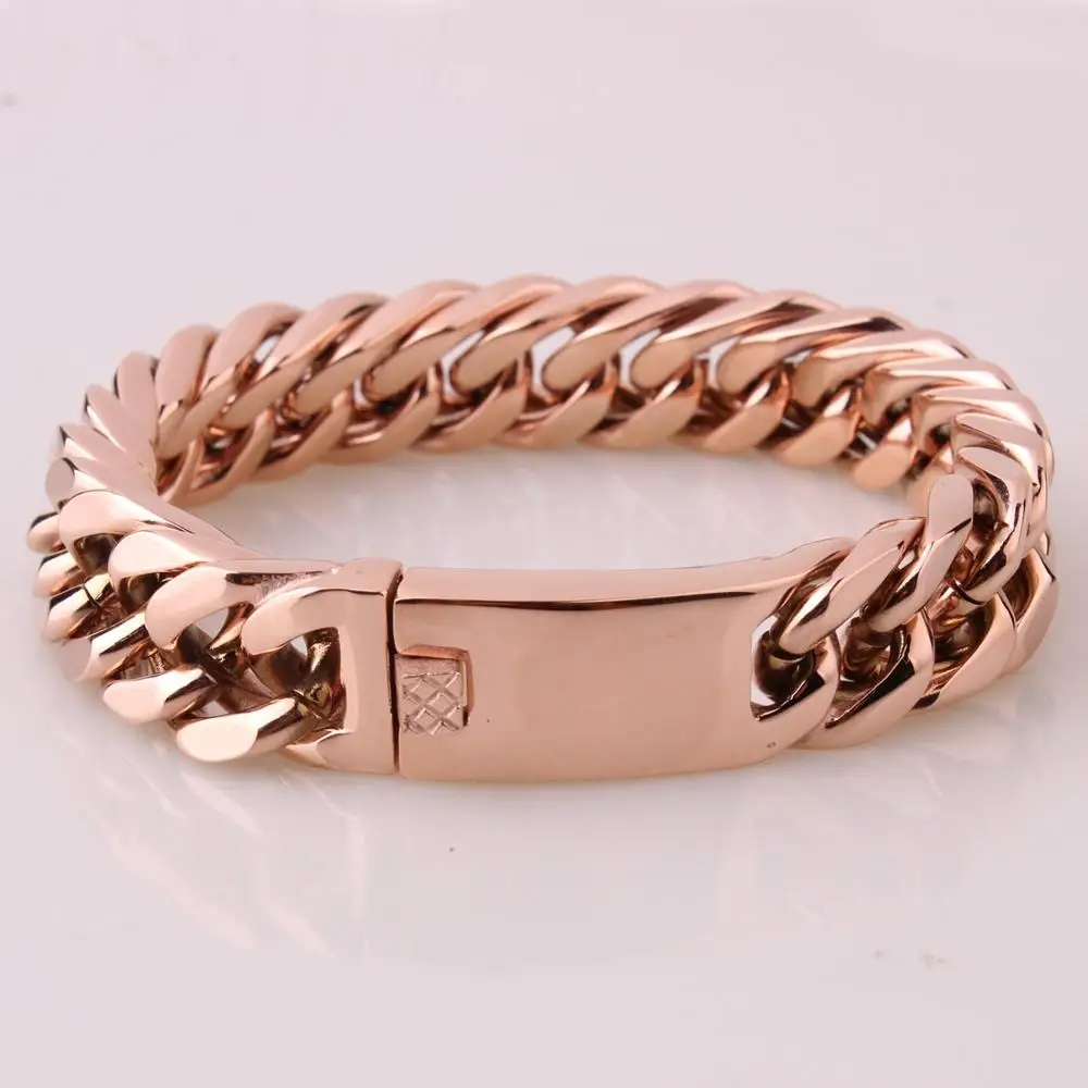 Charming Rose Gold Color Chain & Link Cuban Bracelets Man Cool Stainless Steel Cowboy Rock Curb Bangles For Men Women Jewelry