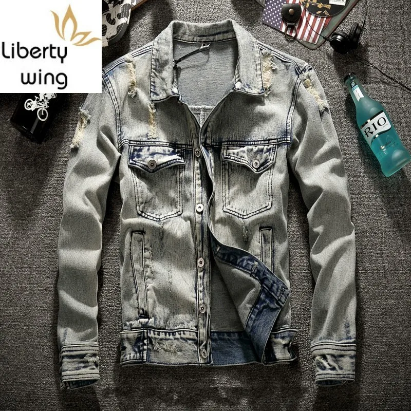 

Japan Style Vintage Washed Ripped Hole Denim Jacket Men Plus Size 6XL Street Casual Biker Outerwear Spring Autumn Cowboy Coat