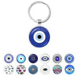 Beauty Blue Evil Eye Religious Photo Round Glass Cabochon Keychain Bag Car Key Ring Holder Charms Keychains For Gift