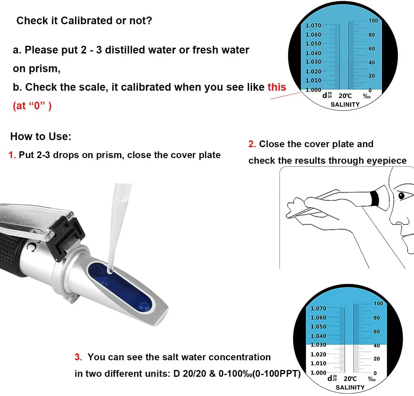 Salinity Refractometer Seawater Aquarium Marine Fishkeeping Salinity Meter with ATC Dual Scale for Replacement Saline Hydrometer