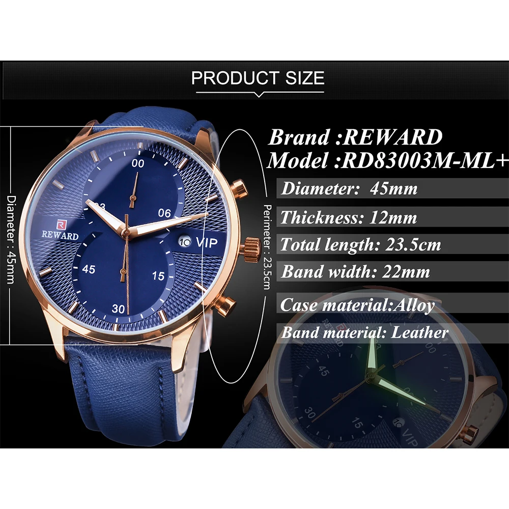 Quartz Watch for Men Top Brand Luxury REWARD VIP Blue Dial Men\'s Wristwatch Clock Business Waterproof Chronograph Leather Watch