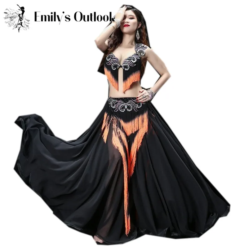 Heavy Tassel Belly Dance Performance Costume Drum Oriental Dance Outfit Bra Skirt Competition Skirt Contrast Color For Women