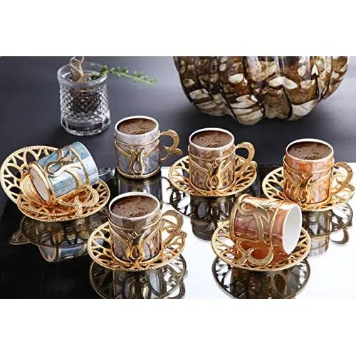 Premium Porcelain Turkish Coffee Cups Set of 6 and Saucers - 3 oz.- Gold Espresso Serving Cup Set, Greek Coffee, Demitasse Coffe