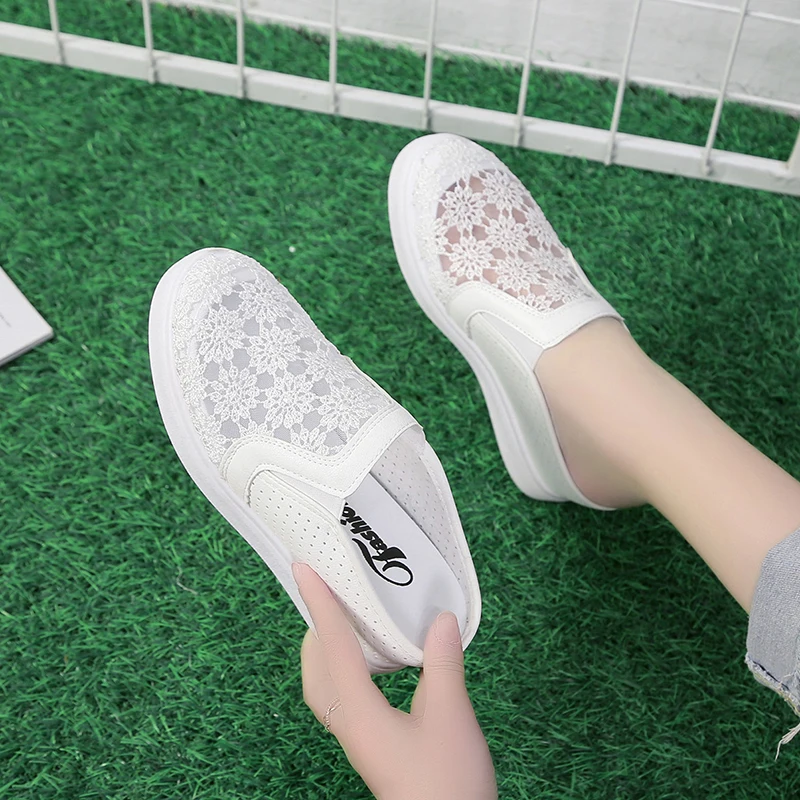 Shoes Cover Toe Low House Slippers Platform Loafers Slides Slipers Women Fretwork Heels Flat 2021 Summer Cotton Fabric PU