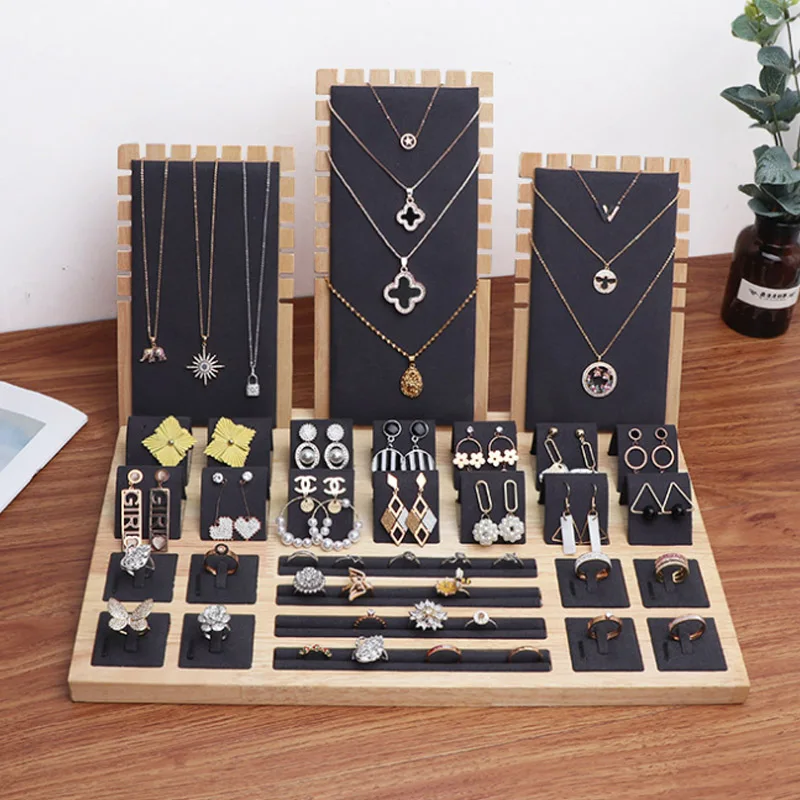 Set For Women Counter Jewelry Stand Fashion Wood Green Earring Necklaces Display Stand Pendant Hanger Jewellery Display Props