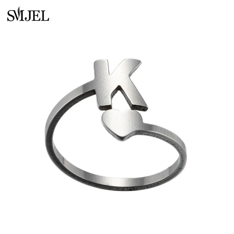 SMJEL Tiny Heart A-Z Letter Rings Adjustable Stainless Steel Opening Ring Initials Name Alphabet Female Party Trendy Jewelry