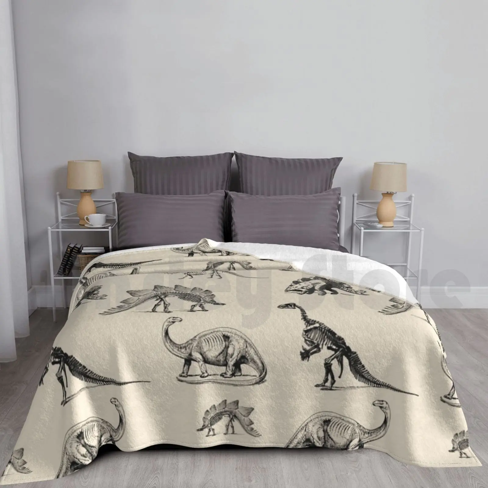 

Одеяло Винтажный музей Скелет динозавра и иллюстрации на креме 1279, музей динозавров Динозавров