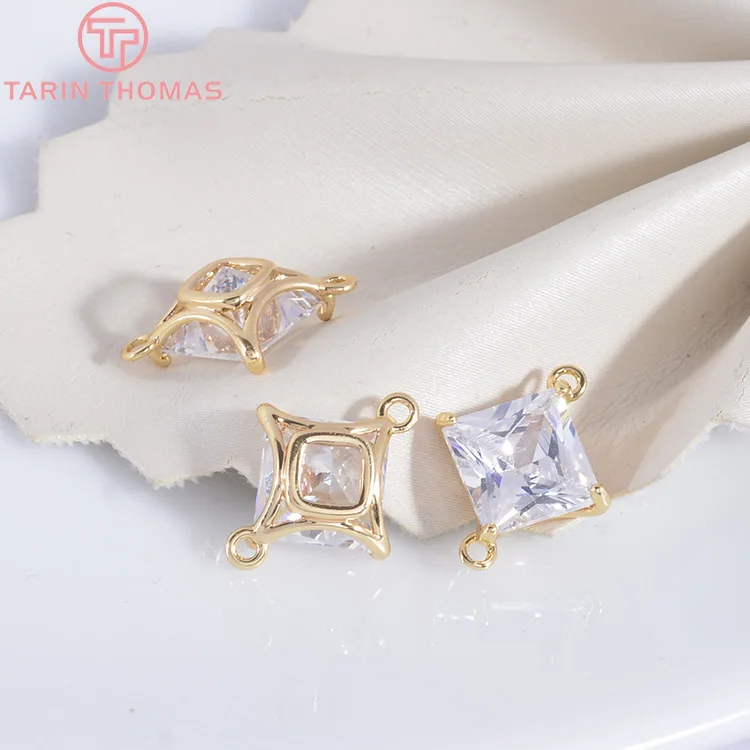 (786)6PCS 5MM 6MM 7MM 24K Gold Color Brass with Zircon Square Connect Charms Pendants Jewelry Findings Accessories