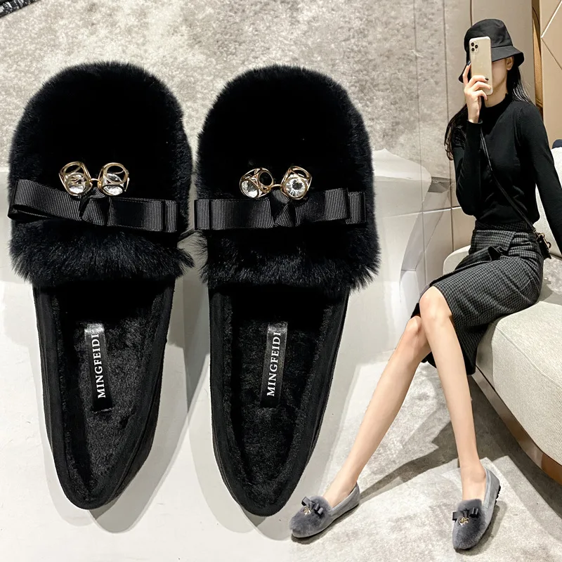 Luxury Crystal bow-knot fur shoes women comfy warm plush loafers woman furry flats winter add cashmere moccasins big size 40-43