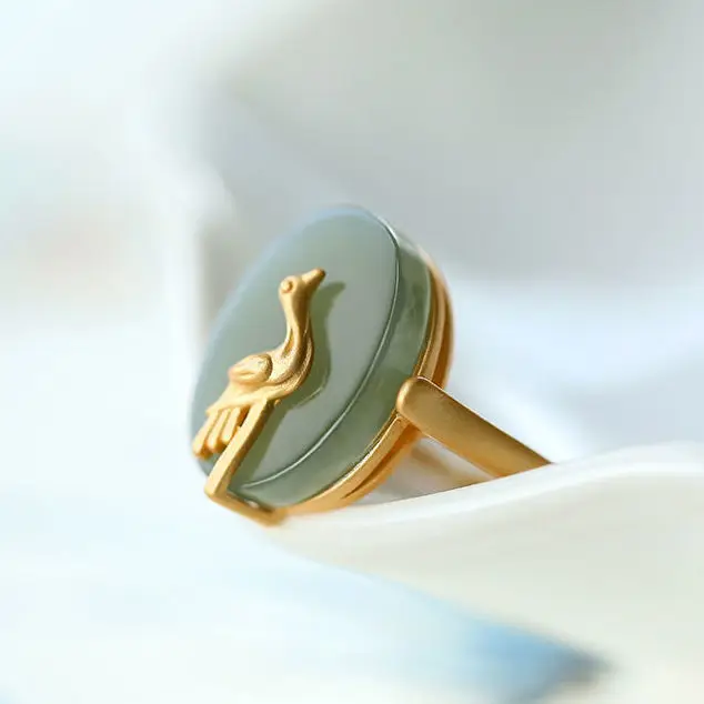 Bague réglable en jade naturel incrusté d'argent pour hommes et femmes, ouverture de grue nuage Hetian, bijoux rétro simples, original, designer, nouveau