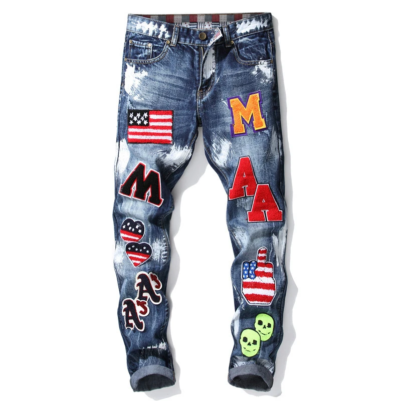 Autumn New Style Small Straight Tube Jeans Patch National Flag Badge Paint Slimming Denim Trousers Trend Men\'s Fashion Pants