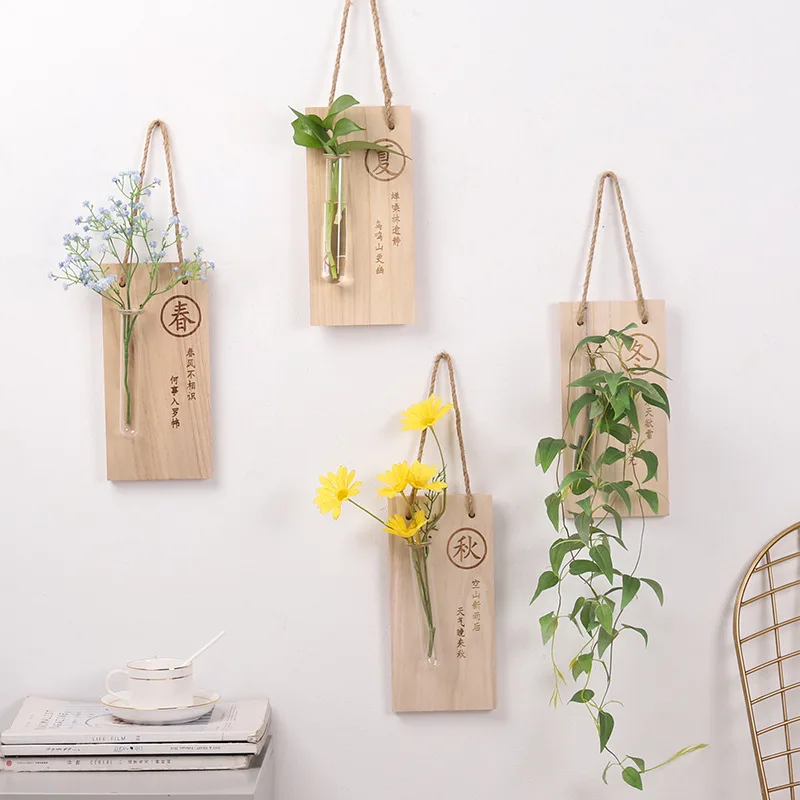 Home Decoration Creative Wooden Small Fresh Wall-hung Hydroponic Vase Decorations Wall Decorations Dried Plant Pendants