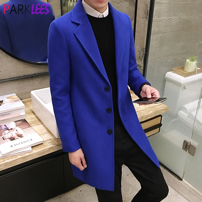 

Royal Blue Wool Coat Men 2021 Winter Fashion Urban Trench Coat Mens Slim Fit Blends Wool Overcoat Windbreaker Manteau Homme 4XL